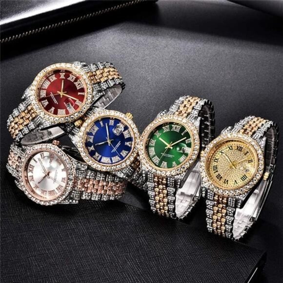 Hip Hop Watches for Men Iced-Out Bling Diamond Luxury Quartz Watches with Date - Picture 6 of 7